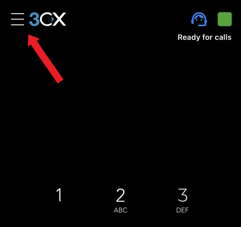 3CX app on iOS pointing at the menu button